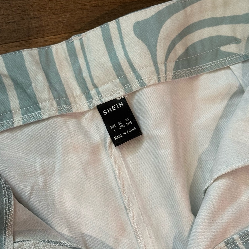 White and Light Blue/ Green Marble-Print Wide Leg Pants - Picture 3 of 4